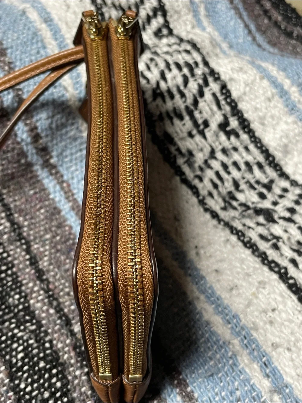 Coach Pebbled Leather Double Zip Wristlet in Chestnut Brown